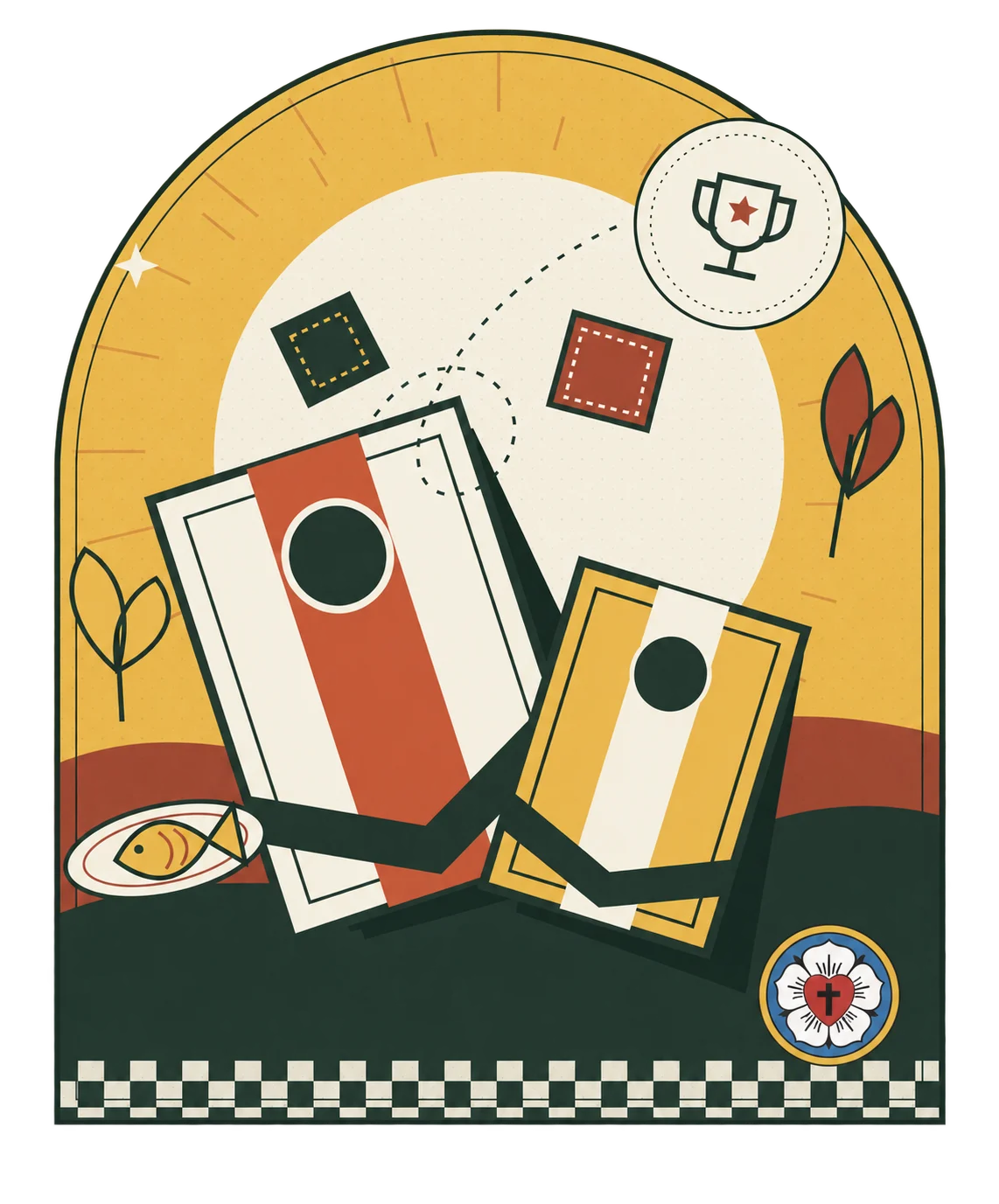 Fall event illustration with cornhole boards, flying beanbags, a fish, a championship trophy, and Luther’s rose beneath an autumn sun